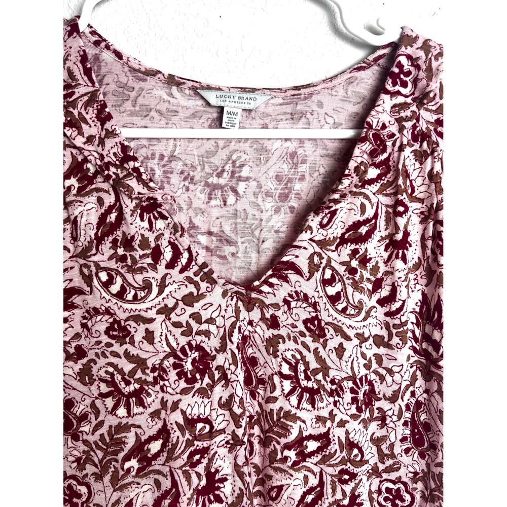 Lucky Brand Pink Floral Print Flutter Sleeve Top Size Medium V-Neck Collar